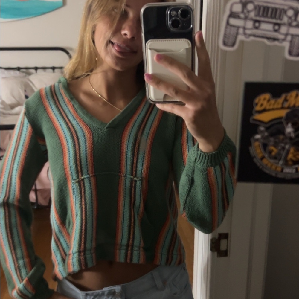 O'Neill Green and Orange V-Neck Sweater